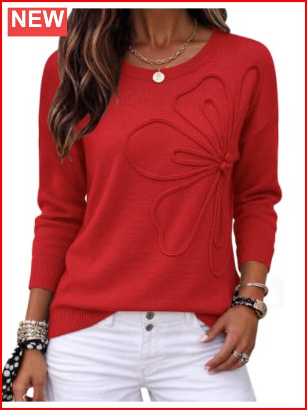 3D Floral Applique Sweater, Crewneck Long Sleeve Pullover, Knit, Viscose Blend